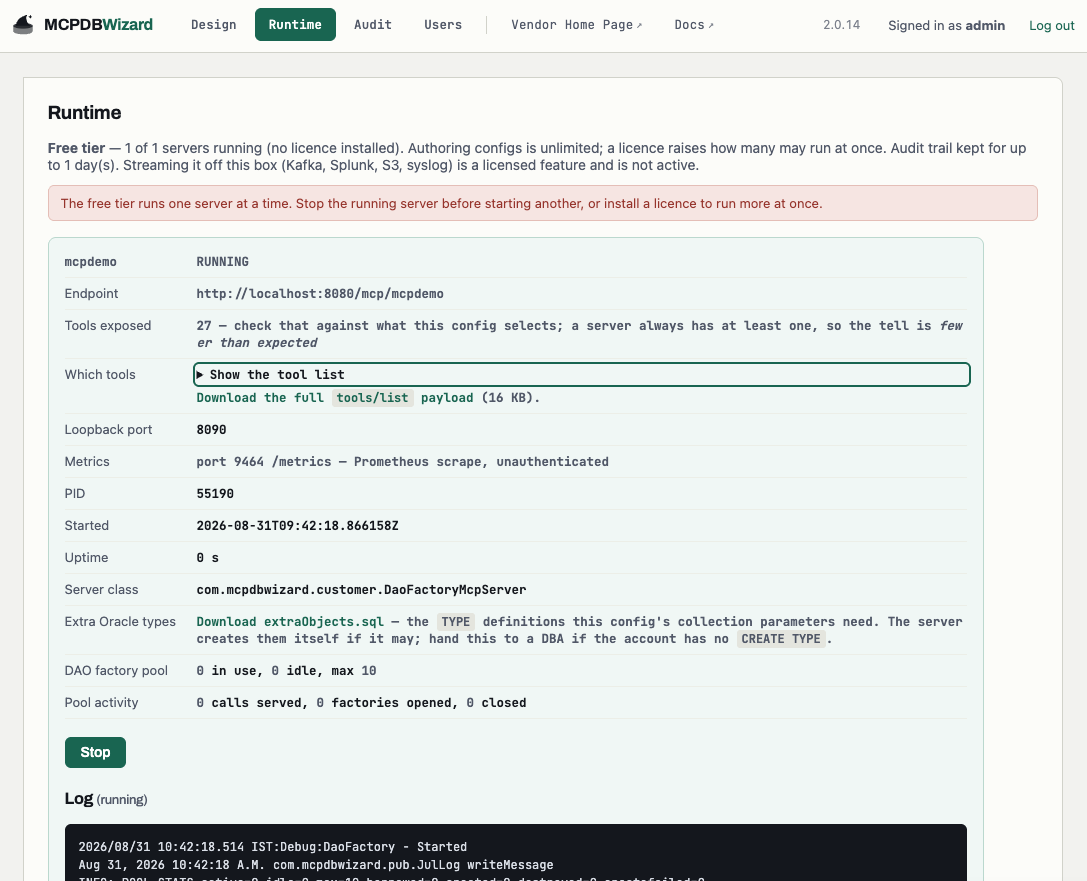 The Runtime page showing the licence panel and a stopped server with Generate and run