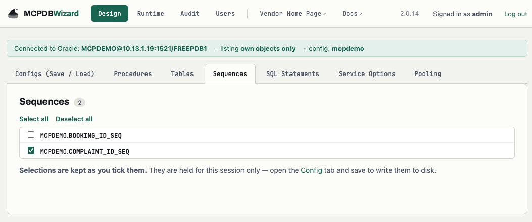 The Sequences tab listing sequences across schemas with checkboxes