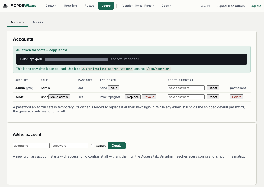 The Users tab showing accounts, roles, API tokens and password reset